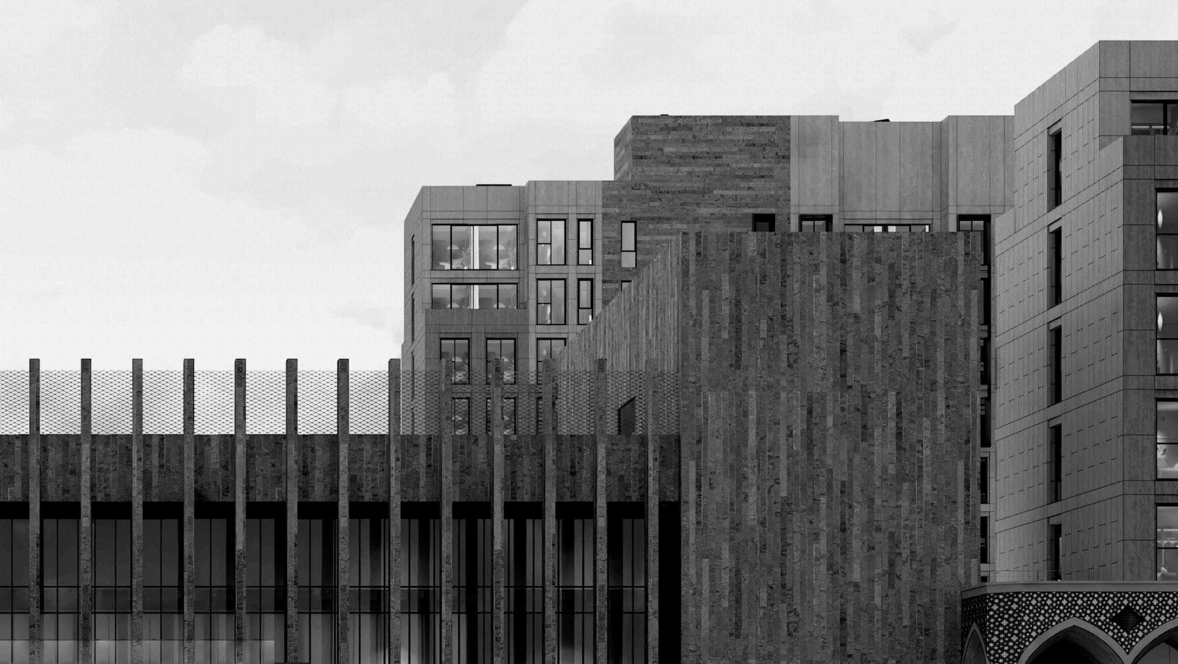 Monochrome rendering of a stone-clad mixed-use building with a vertical-fin colonnade