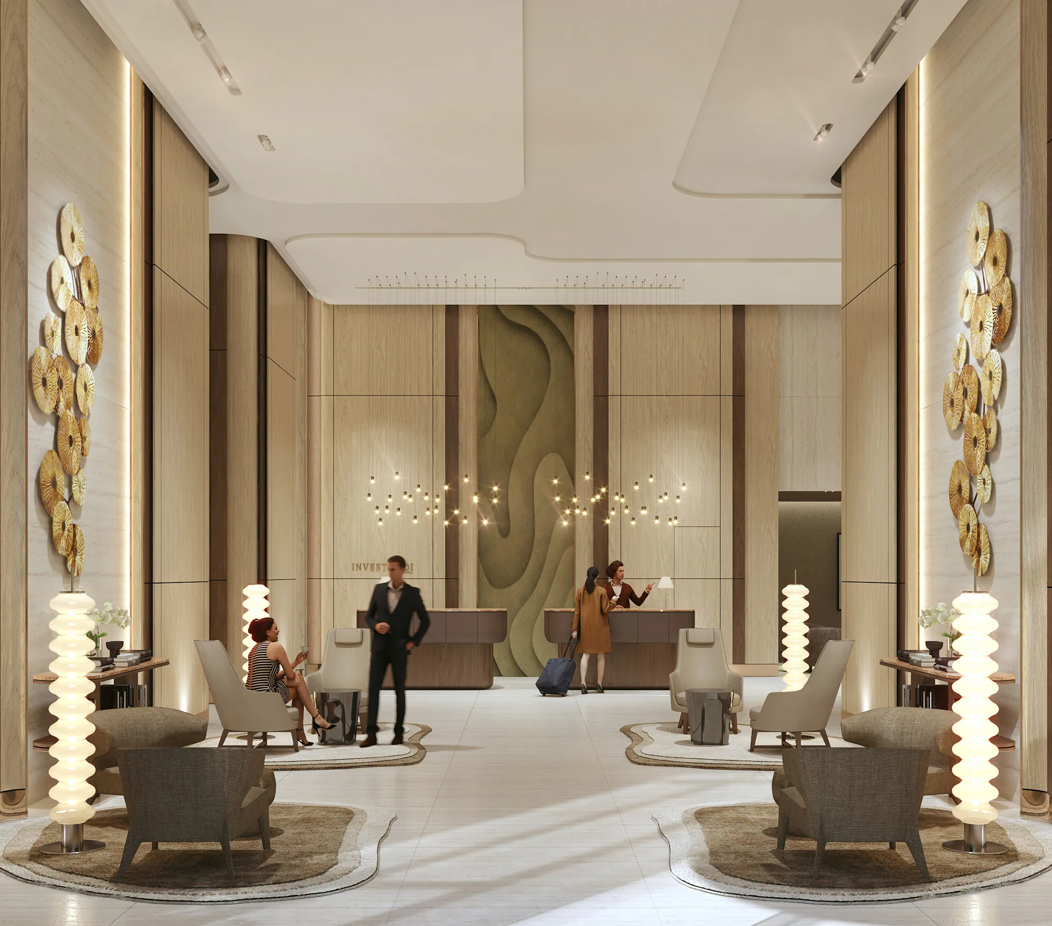 Hotel lobby with a sculpted wall panel behind the reception desk, brass lotus-leaf wall lights and illuminated floor lamps
