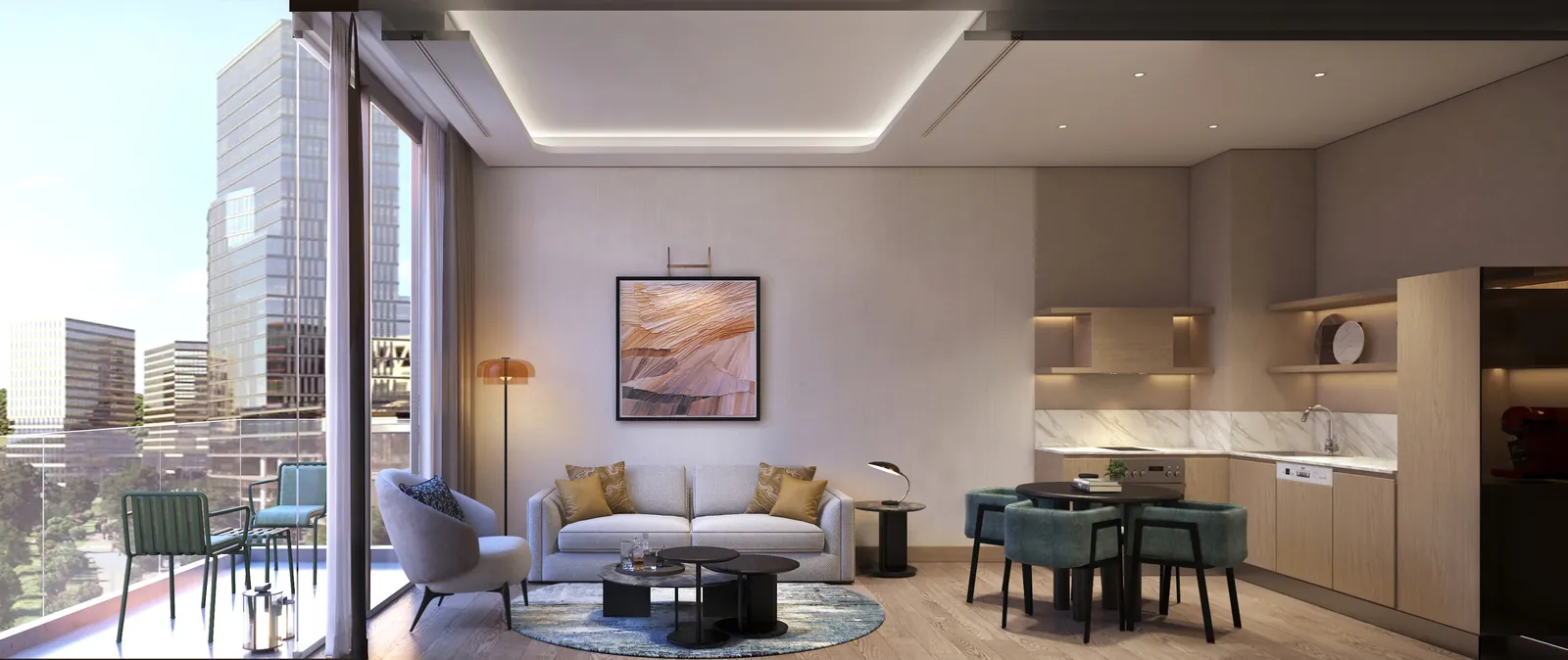 Apartment living and dining area with a balcony overlooking city towers