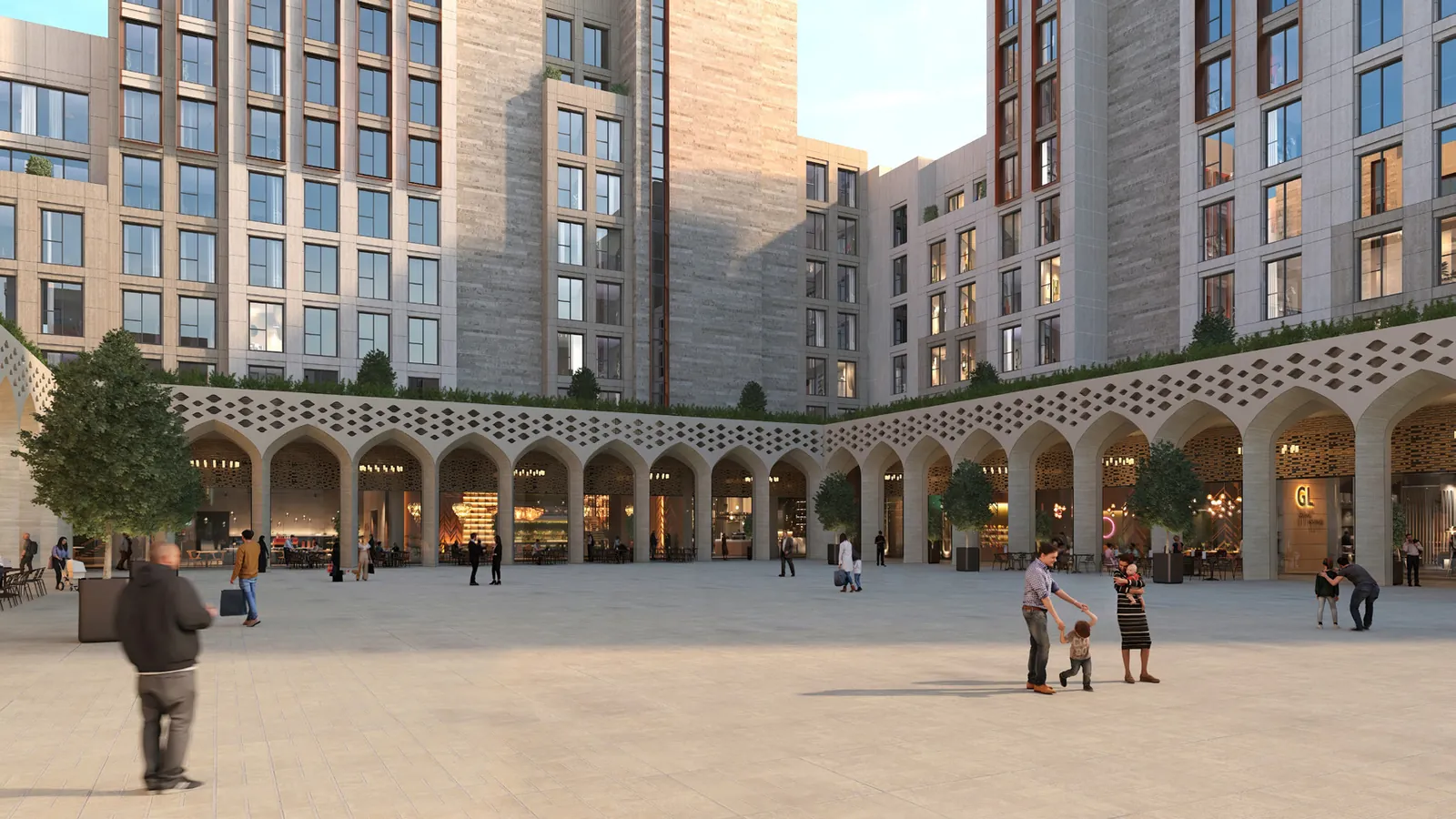 Courtyard plaza framed by apartment blocks and a perforated arcade
