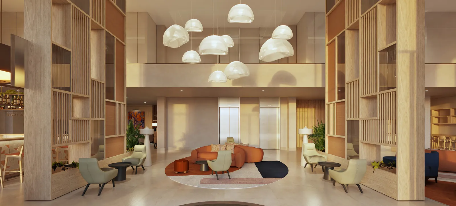 Double-height lounge with timber screens and a cluster of white pendant lights