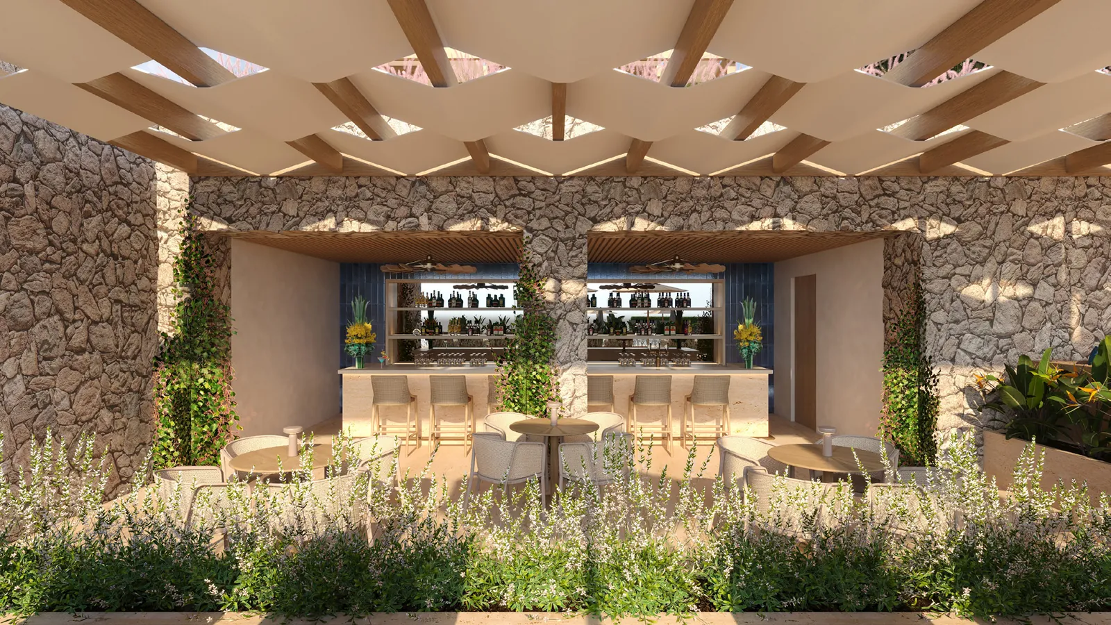 Open-air bar pavilion under a timber lattice ceiling, framed by stone walls and planting