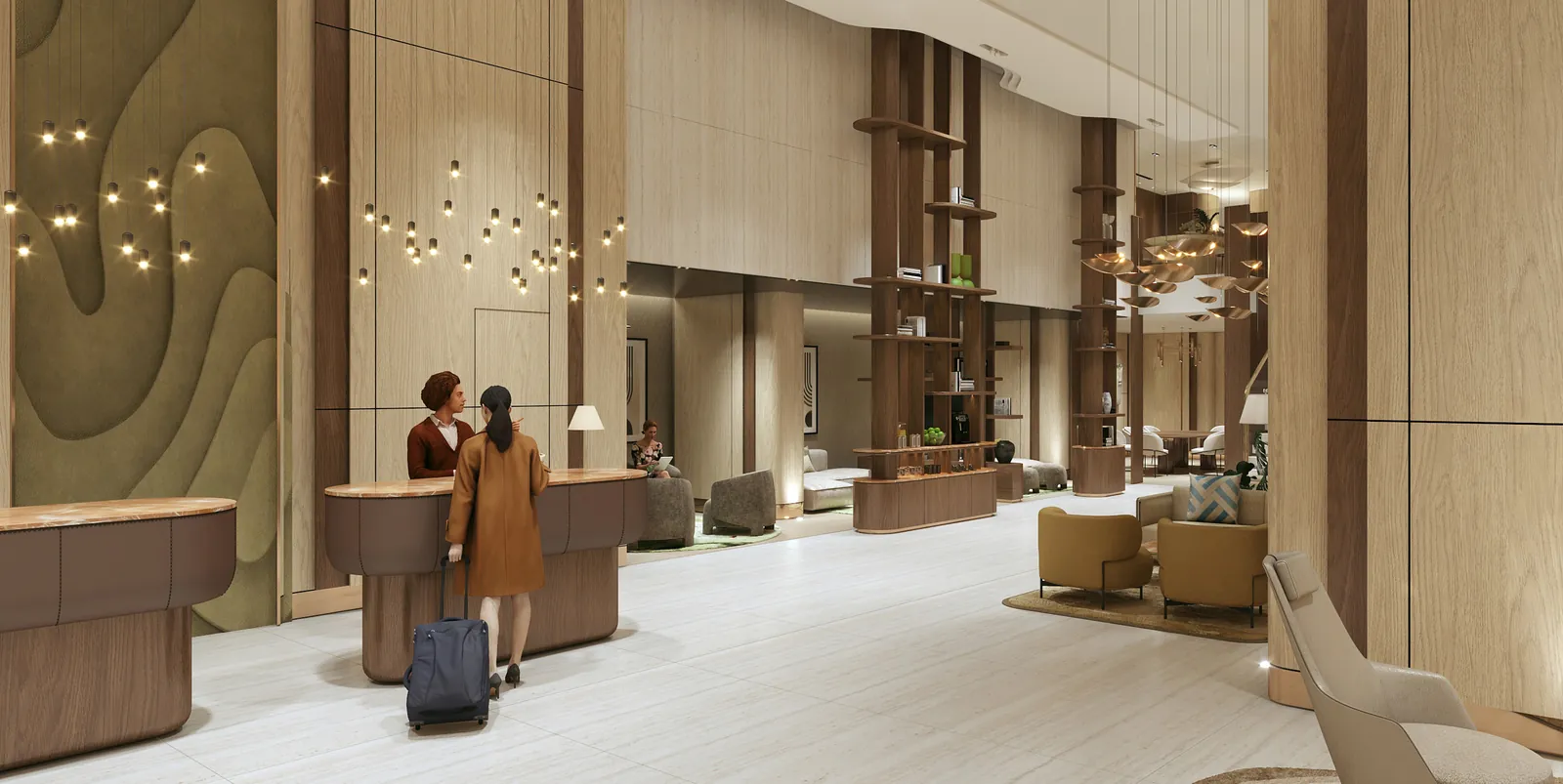 Hotel reception hall with a sculpted feature wall and pendant lights